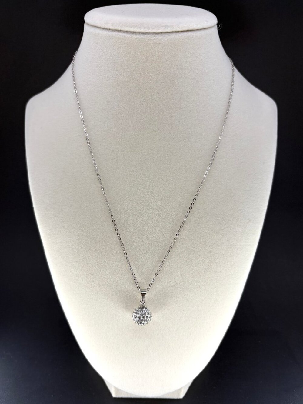 925 Sterling Silver Cable Necklace 40+5cm w Rhinestone Lucky Ball Pendant 2.8g